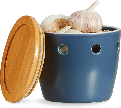 Miniatura 12 de ONEMORE Porta ajos grande con tapa, recipiente de ajo cerámico de 5 pulgadas, porta ajos para mostrador, naranja