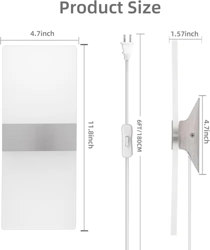 Miniatura 5 de KICAAO Apliques de pared, moderno aplique de pared enchufable, 10 W, 6000 K, luces de pared acrílicas blancas frías con cable de enchufe