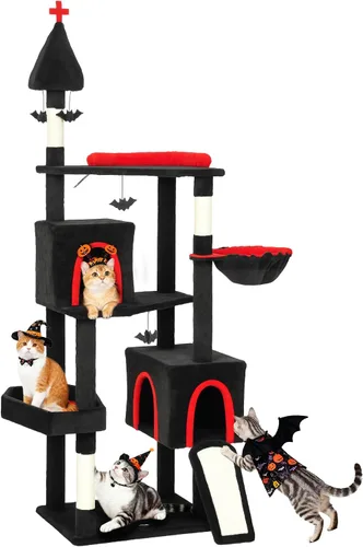 Miniatura 12 de PawHut Árbol de flores para gatos, torre grande de 74 pulgadas para gatos de interior con 2 amplios condominios, postes rascadores de sisal, 2 bolas