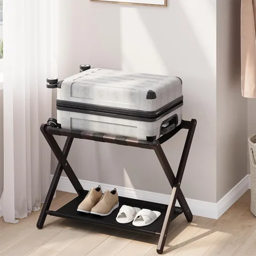 Smart FENDEE Portaequipajes, portaequipajes plegable para habitación de invitados, soporte de maleta de bambú marrón con capacidad para hasta 131