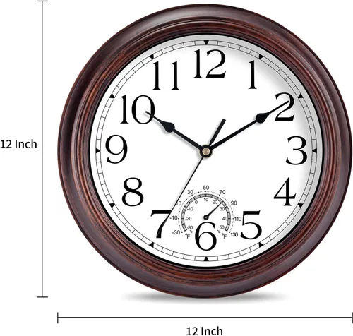 Miniatura 7 de KECYET Reloj de pared para exteriores de 12 pulgadas con termómetros, reloj de pared silencioso vintage que funciona con pilas, reloj retro sin
