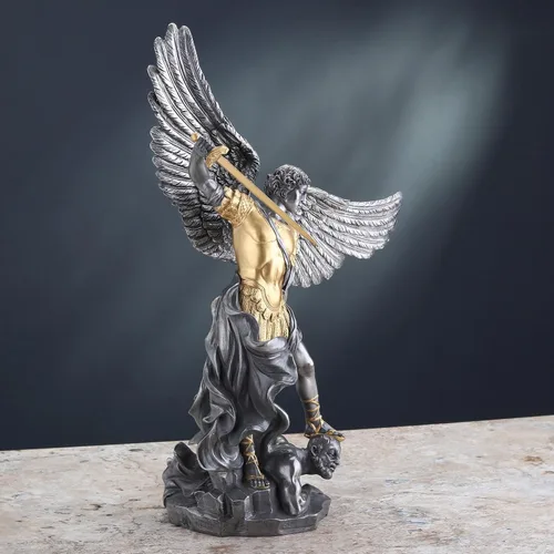 Miniatura 7 de Veronese Design 14 5/8 pulgadas Saint Michael pisotea la escultura de resina de demonio fundido en frío estatua de acabado de peltre
