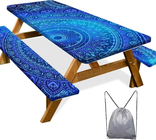 Miniatura 15 de Mantel de mesa de picnic con fundas de banco de 6 pies, 3 piezas, impermeable, resistente al viento, mantel de camping estético con bolsa