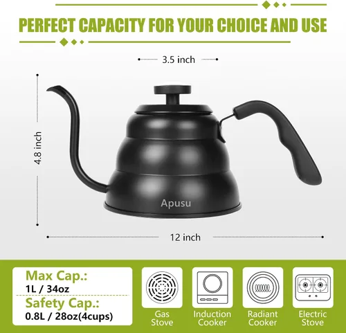 Miniatura 3 de Hervidor de Vertido para Café de Goteo Manual y Té con Termómetro 28oz Hervidor de Cuello de Cisne con Control de Flujo Hervidor de Agua de Acero