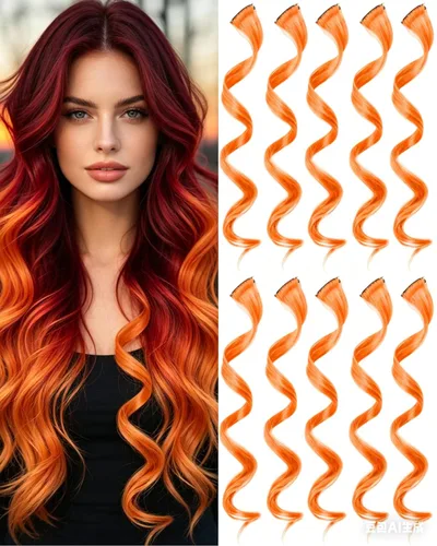 Miniatura 11 de 10 extensiones de cabello sintético rizado y ondulado negro con clip, reflejos de fiesta de neón arcoíris, accesorios de cabello coloridos