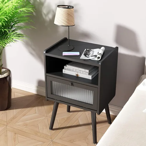 Miniatura 8 de Mesita de noche moderna de mediados de siglo, mesa auxiliar con almacenamiento, mesitas de noche con puerta de cristal, mesa auxiliar con patas