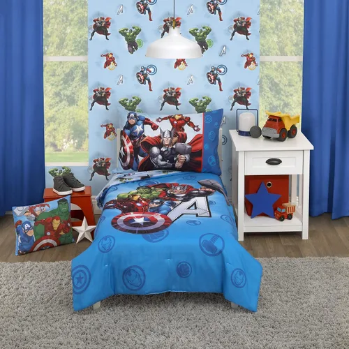 Disney Marvel Avengers Fight The Foes - Juego de ropa de cama infantil de 4 piezas, color azul, rojo, verde Hulk, Iron Man, Thor, Capitán América,