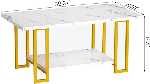 Miniatura 2 de AWQM Mesa de Centro de Mármol, Mesa de Centro Rectangular con Superficie de Mármol Sintético con Marco de Metal Dorado, Mesa de Sala de 2 Niveles