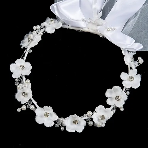 Miniatura 7 de DDazzling Corona de flores niñas primera comunión blanco floral guirnalda velo de encaje