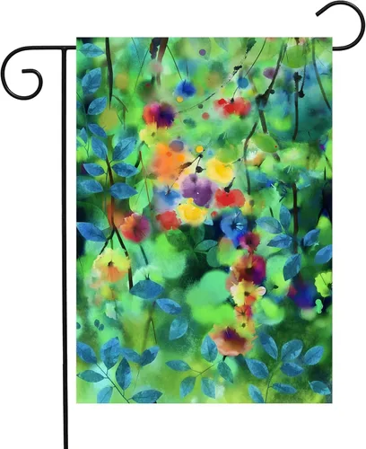 Bandera abstracta de acuarela de primavera con hojas florales verdes de temporada, flores, naturaleza, jardín, patio, 12 x 18 pulgadas, poliéster de