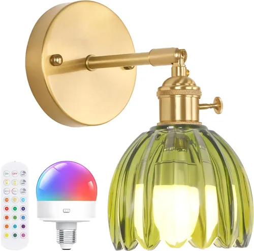 Miniatura 13 de Shenmoyl Aplique de Pared Vintage Operado por Batería con Linda Campana de Vidrio Tulipán Verde, Recargable Inalámbrica, Luz de Pared con Control