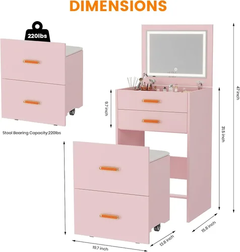 Miniatura 2 de Pequeño escritorio de maquillaje con espejo y luces, juego de tocador compacto 3 en 1, mesita de noche, tocador con silla enrollable ajustable
