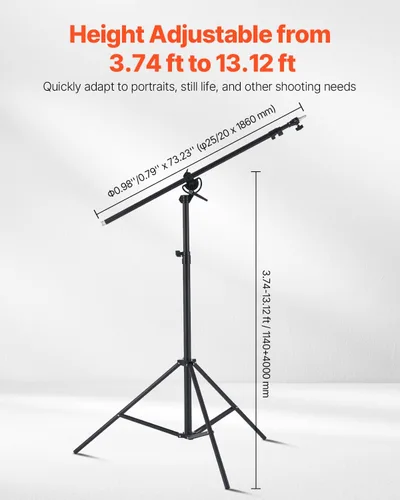 Miniatura 3 de VEVOR Soporte de luz de aluminio, altura máxima de 12.8 pies/153.5 in, soporte de fotografía ajustable con brazo de pluma, bolsa de arena, carga