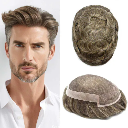 Miniatura 19 de Toupee Hair System For Men Real Human Hair Swiss Lace Mens Toupee Men Hair Replacement System Natural Hairline Mens Hairpieces 6X8"-80% light