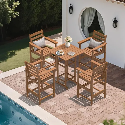Miniatura 2 de nevilywood Adirondack - Juego de 5 sillas altas de bar, juego de 4 sillas de bar Adirondack con mesa, muebles de patio de polietileno de alta Teca
