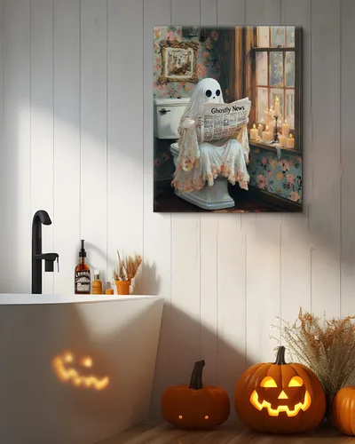 Miniatura 4 de QPVXSST Arte de Pared Interesante de Fantasma de Halloween para Baño, Póster Impreso en Lienzo de Estilo Gótico, Decoración de Baño con Diseño