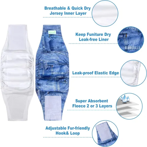 Miniatura 2 de Pañales para perro macho Wegreeco, lavables (paquete de 2), envoltorio para vientre lavable para perro macho, multicolor/fantasía (JEANS)