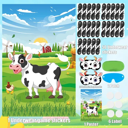 Miniatura 6 de Hxezoc Pin The Tail on the Cow Game con 50 piezas de colas, póster de juegos de fiesta de vaca grande para niños, fiesta de cumpleaños temática
