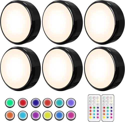 HELPLEX Luces LED Puck con Control Remoto, Paquete de 6 que Cambian de Color RGBW, Alimentadas por Batería, Iluminación Regulable Bajo Gabinete con