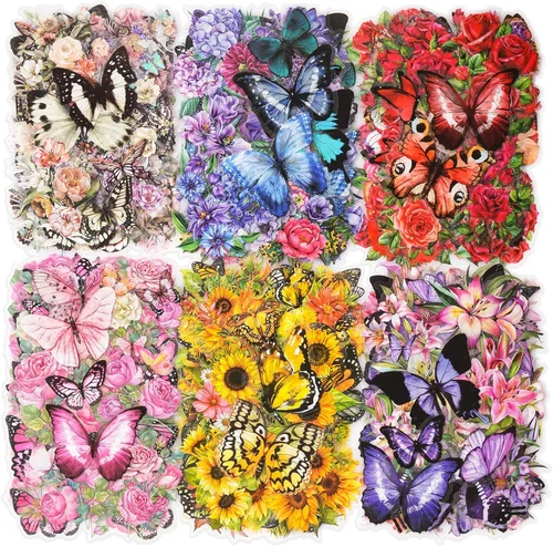 Knaid 300 calcomanías surtidas de mariposas y flores, calcomanías de resina floral de mariposas transparentes, calcomanías estéticas para diario,