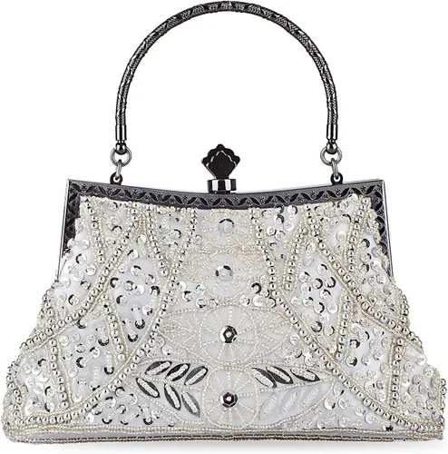 Miniatura 8 de Bolso de estilo vintage con cuentas de lentejuelas bolso de noche de fiesta de boda bolso de embrague de diamantes de imitación, plateado