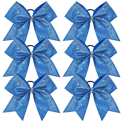 Miniatura 19 de DEEKA 6 lazos grandes de animadora con purpurina de 8 pulgadas con diamantes de imitación completos, lazos para el pelo de animadora coloridos Plata