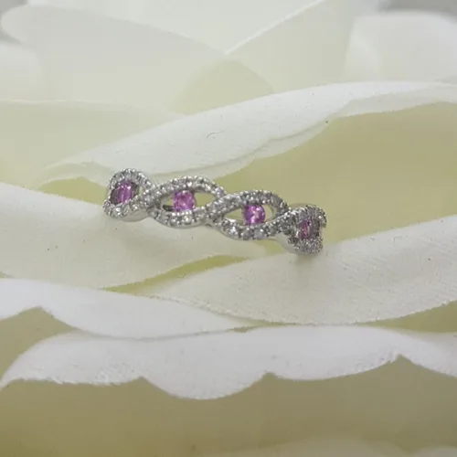 Miniatura 5 de Anillo de boda apilable de oro de 10 quilates con zafiro rosa y diamante blanco para mujer, zafiro rosa, Zafiro