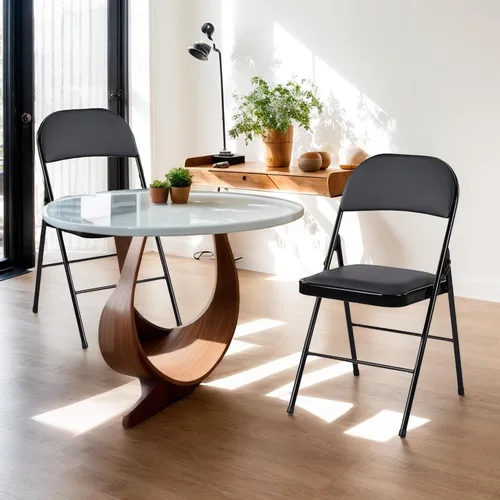 Miniatura 6 de Paquete de 2 sillas plegables, silla comercial apilable portátil, silla de cuero acolchada para interiores y exteriores con marco de metal Negro