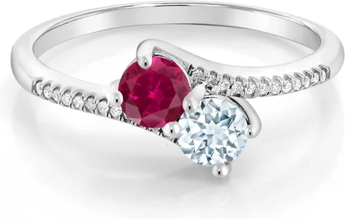 Miniatura 3 de Gem Stone King Anillo de compromiso Forever United de oro blanco de 10 quilates con 2 piedras rojas creadas en rubí y azul cielo aguamarina