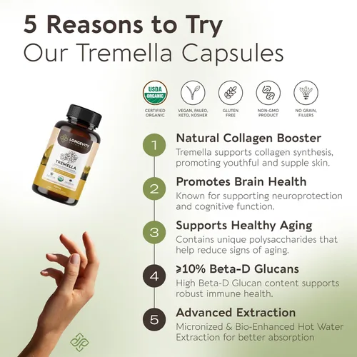 Miniatura 3 de Longevity Botanicals Cápsulas orgánicas de hongos Tremella Extracto de suplemento de 120 unidades Cuerpo fructífero de hongos de nieve ≥10%