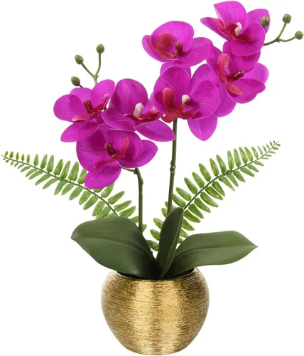 Miniatura 7 de Briful Pequeñas flores artificiales de orquídeas artificiales de 13 pulgadas en maceta de cerámica plateada, arreglo de orquídeas artificiales