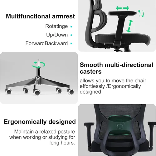 Miniatura 7 de Silla ergonómica de oficina de escritorio, silla de computadora de respaldo alto con reposabrazos giratorios 3D ajustables para mayor comodidad