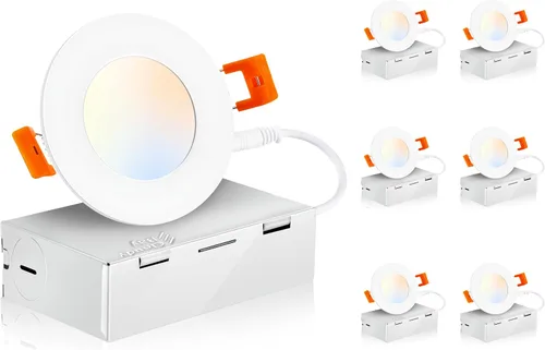 CLOUDY BAY - Luz LED empotrable ultra delgada de 3 pulgadas con caja de conexiones, 5 colores, luz descendente tipo oblea sin lata, clasificación
