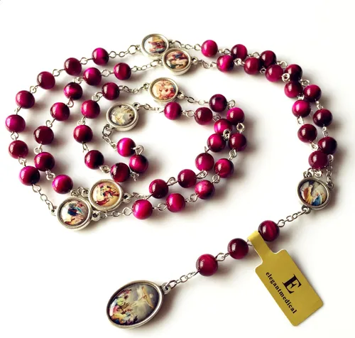 Miniatura 5 de elegantmedical Hecho a mano con cuentas de jade de ojo de tigre rojo raro, siete penas, medalla de María, rosario, regalo católico, Jade, No es una