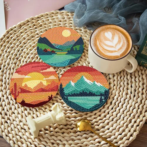 Miniatura 4 de Clendo Juego de 8 posavasos de arte de diamantes de paisaje con soporte, kits de arte de diamantes pequeños al atardecer para adultos principiantes
