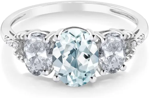 Miniatura 21 de Anillo de compromiso ovalado de oro blanco de 10 quilates con piedra natal y topacio blanco de 3 piedras con detalles de diamante Centro de 0.315