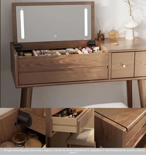 Miniatura 5 de KungFuWood Escritorio de tocador de maquillaje con 3 modos de iluminación, escritorio de tocador de madera maciza con espejo, mesa de tocador con 4