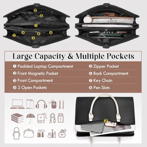 Miniatura 3 de Bolsa para laptop RAINSMORE para mujeres de 15.6 pulgadas, impermeable, de cuero PU, bolsas de mano grande para laptop, bolsa de trabajo profesional