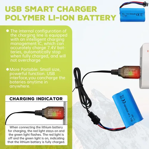 Miniatura 3 de 2 unids 7.4 V 600 mAh 2S batería de iones de litio con enchufe SM-3P con 2 unids cable de carga USB para DE82 TK3086B G20601 RC juguete RC coche