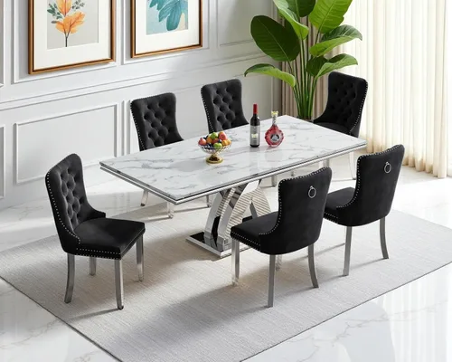 Miniatura 67 de Moderno juego de mesa de comedor de mármol sintético de 68.11 pulgadas para 6, mesa de comedor de mármol blanco y plateado con 6 sillas de Blanco