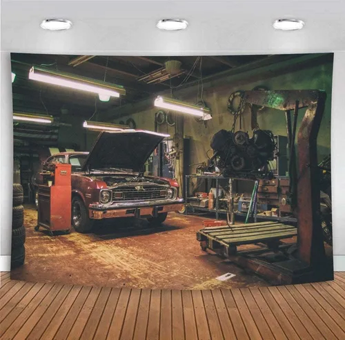 Miniatura 7 de Fondos de garaje antiguos para fotografía de 5 x 3 pies, fondos de reparación de automóviles temáticos para fiesta de fotos y accesorios de estudio