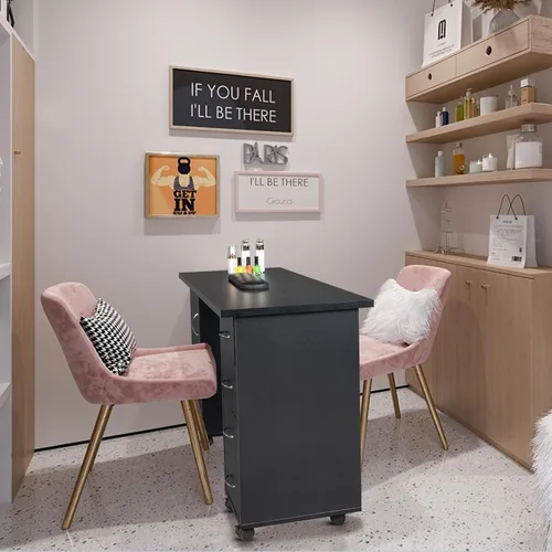 Miniatura 4 de Mesa rodante de manicura, estación de escritorio de uñas, estación de manicura para salón de belleza, equipo de arte de uñas con 4 cajones y Negro