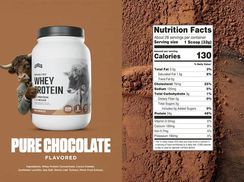 Miniatura 3 de Levels - Polvo de proteína de suero alimentado con pasto, sin artificiales, 24G de proteína, chocolate puro, 2 libras