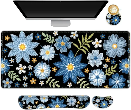 Miniatura 31 de Juego de alfombrilla de mouse grande para juegos, 4 en 1, alfombrilla de escritorio extendida para teclado con reposamuñecas, juego de alfombrilla