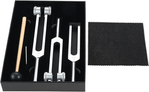 Miniatura 9 de Juego de diapasones 128Hz, 256Hz, 512Hz, instrumentos de sonido, diapasones Chakra con martillo, bolsa de almacenamiento y paño de limpieza, dorado