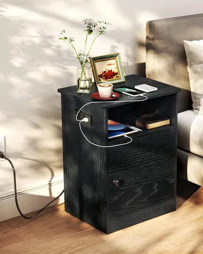 Miniatura 2 de TC-HOMENY Mesa auxiliar estrecha con estación de carga, mesa auxiliar, tapa abatible, estante y puertos USB mesita de noche para sala de estar