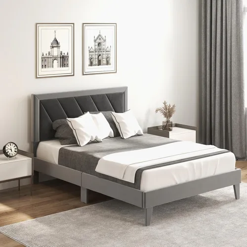 Miniatura 3 de Giantex Base de cama de terciopelo de tamaño matrimonial con cabecero, moderna plataforma tapizada, base de colchón con 12 listones de madera