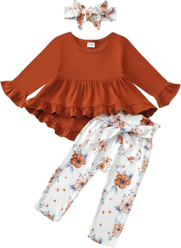 Miniatura 125 de Kucnuzki Conjunto de ropa para bebé niña pequeña, camisa de manga con volantes, pantalón floral, ropa de otoño e invierno para niña