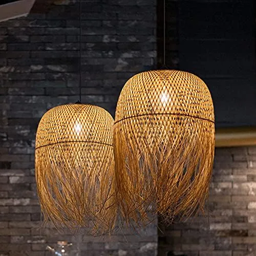 Miniatura 4 de Lámpara colgante LED, lámpara colgante de ratán tejido cruzado, colgante de cúpula rústica, 1 bombilla beige, lámpara colgante de techo con flecos