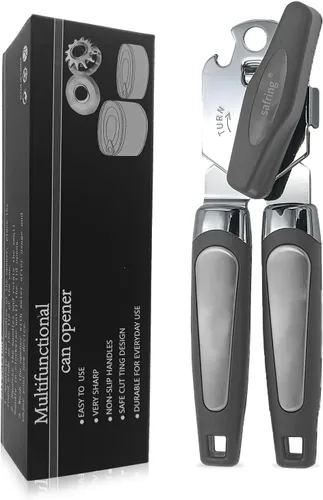 Miniatura 8 de Safring Abrelatas manual, de mano de acero inoxidable resistente y resistente, mango cómodo, borde liso de hoja afilada, abrelatas con abrebotellas